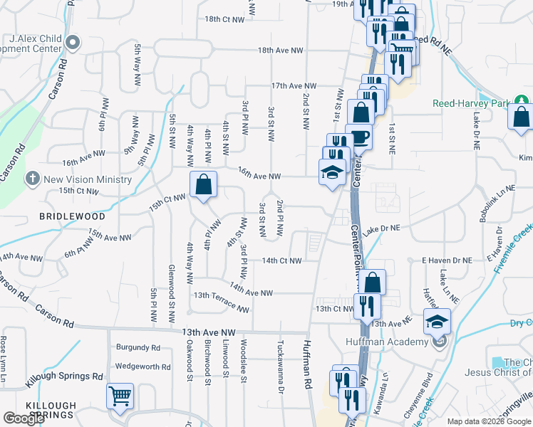 map of restaurants, bars, coffee shops, grocery stores, and more near 1521 3rd Street Northwest in Center Point