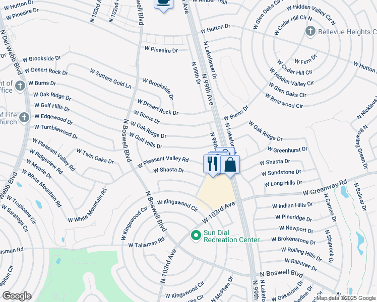 map of restaurants, bars, coffee shops, grocery stores, and more near 9941 West Gulf Hills Drive in Sun City