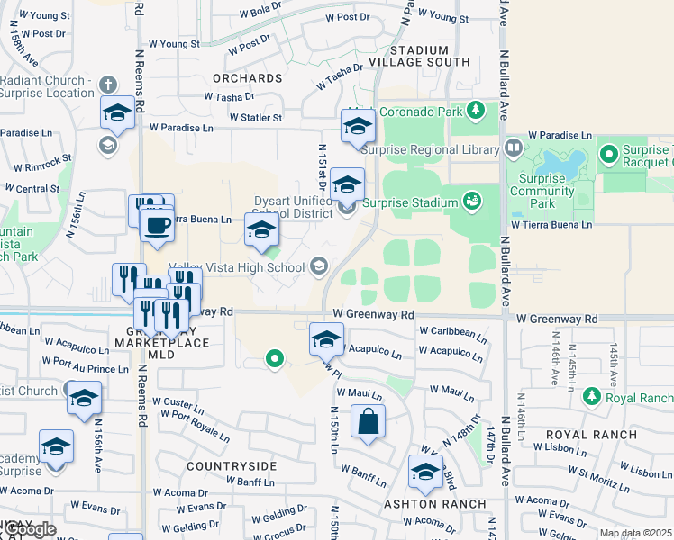 map of restaurants, bars, coffee shops, grocery stores, and more near 15800 North Parkview Place in Surprise