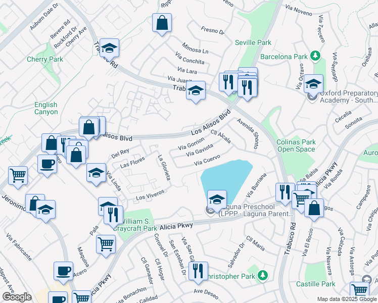 map of restaurants, bars, coffee shops, grocery stores, and more near 26431 Vía Gaviota in Mission Viejo
