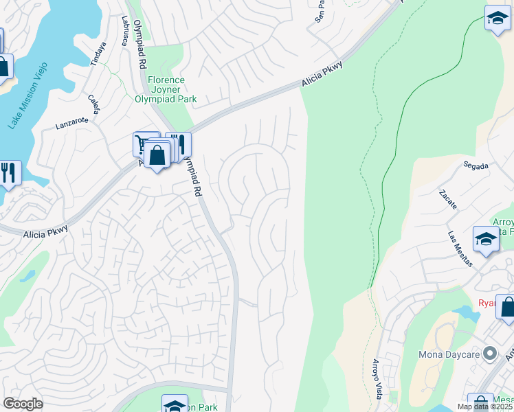 map of restaurants, bars, coffee shops, grocery stores, and more near 23171 Rockrose in Mission Viejo