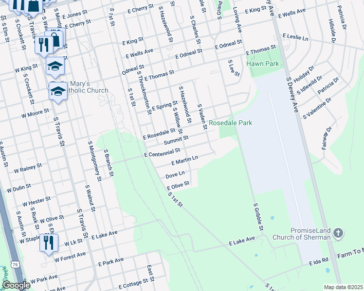 map of restaurants, bars, coffee shops, grocery stores, and more near 817 E Centennial St in Sherman