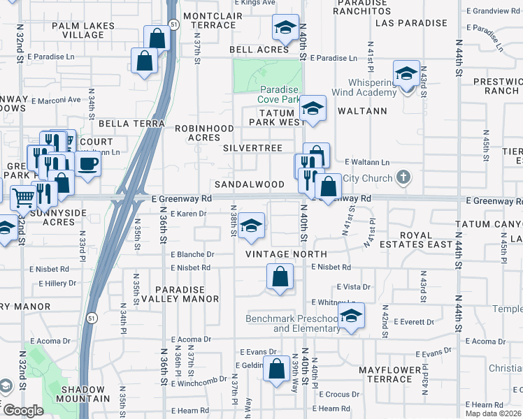 map of restaurants, bars, coffee shops, grocery stores, and more near 3801 East Greenway Road in Phoenix