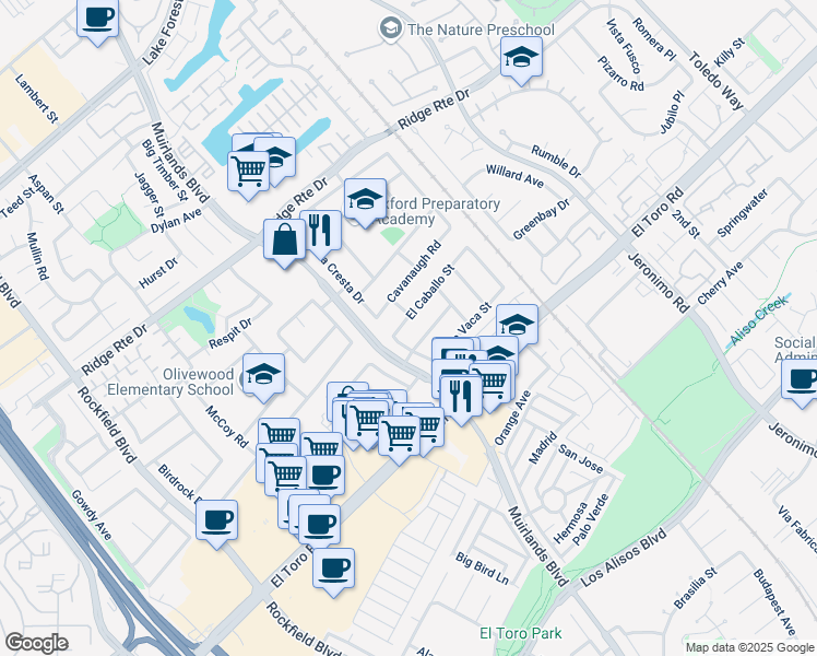 map of restaurants, bars, coffee shops, grocery stores, and more near 23142 El Caballo Street in Lake Forest