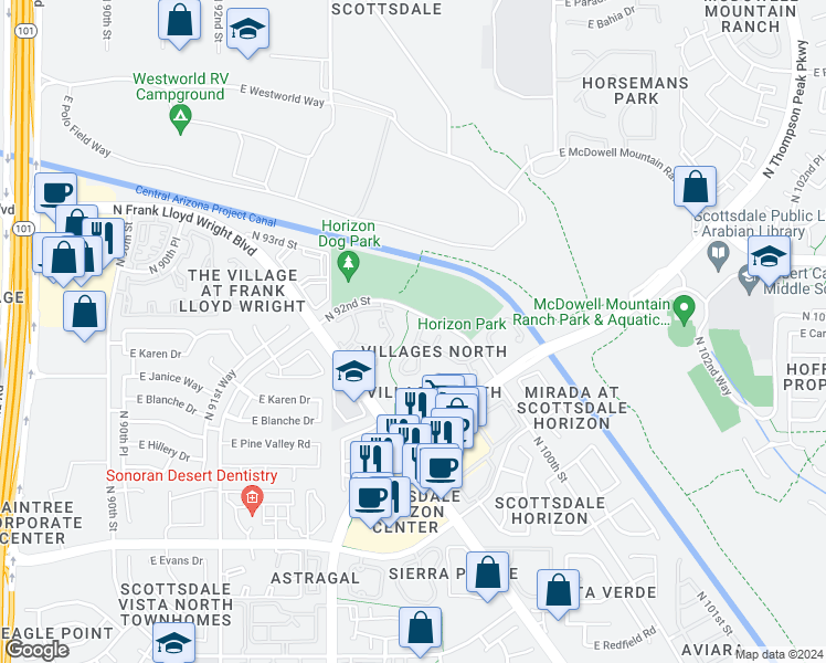 map of restaurants, bars, coffee shops, grocery stores, and more near North Apartment in Scottsdale