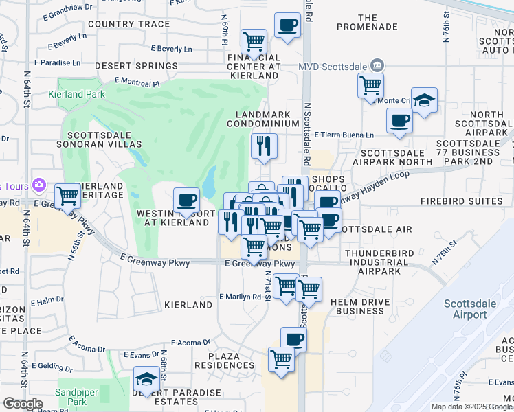 map of restaurants, bars, coffee shops, grocery stores, and more near North Kierland Boulevard in Scottsdale