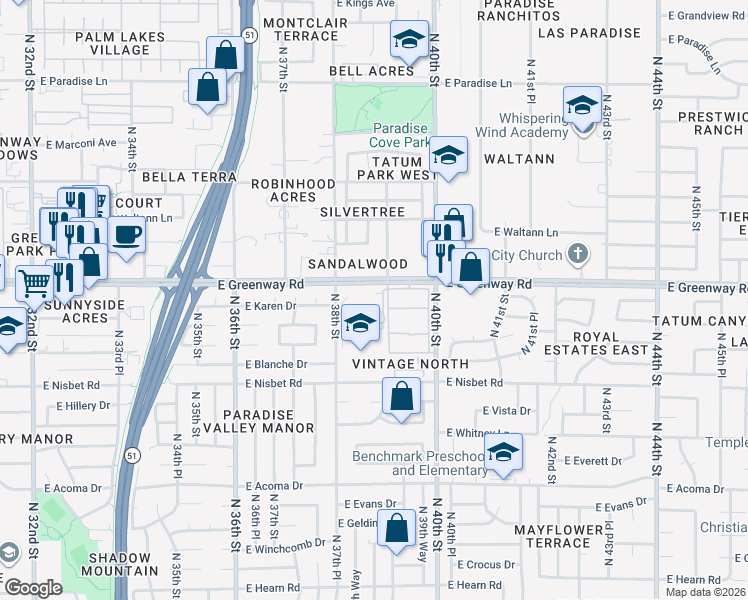 map of restaurants, bars, coffee shops, grocery stores, and more near 3801 East Greenway Road in Phoenix