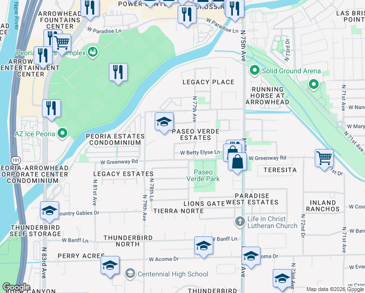 map of restaurants, bars, coffee shops, grocery stores, and more near 7736 West Betty Elyse Lane in Peoria
