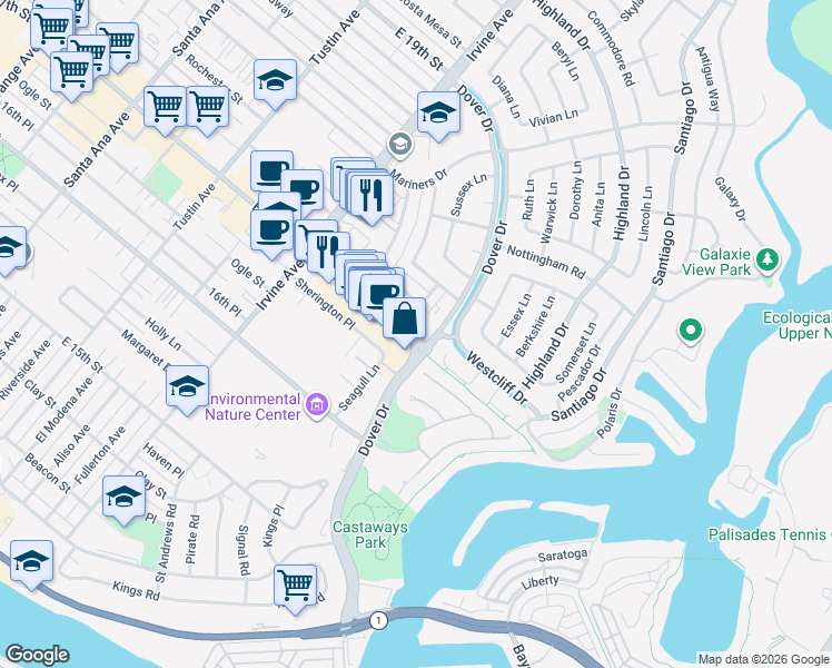 map of restaurants, bars, coffee shops, grocery stores, and more near 1506 Westcliff Drive in Newport Beach