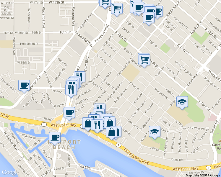map of restaurants, bars, coffee shops, grocery stores, and more near 2912 Broad Street in Newport Beach