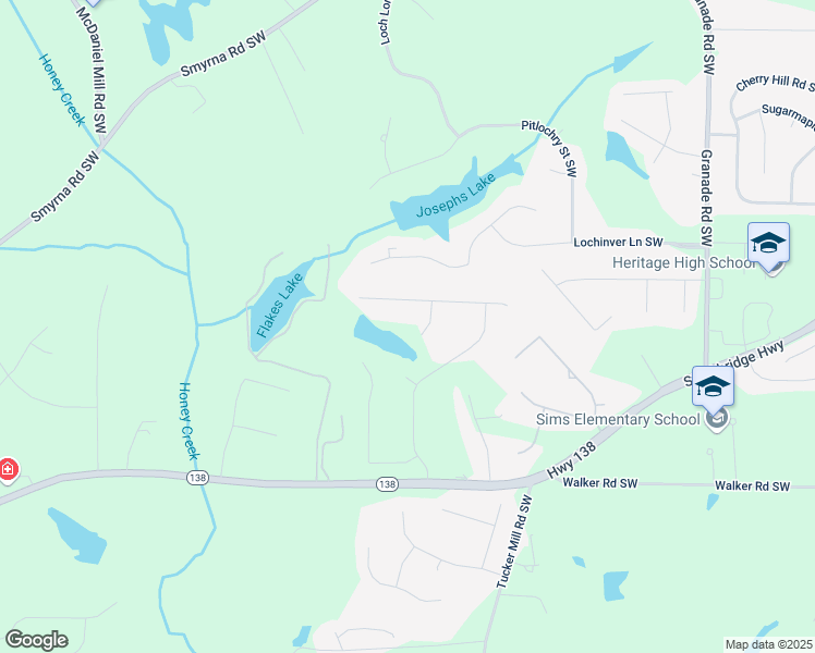 map of restaurants, bars, coffee shops, grocery stores, and more near 3412 Kinsley Court in Conyers