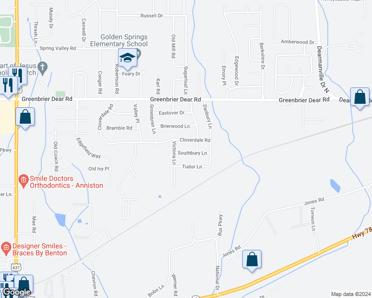 map of restaurants, bars, coffee shops, grocery stores, and more near 4127 Southbury Lane in Anniston