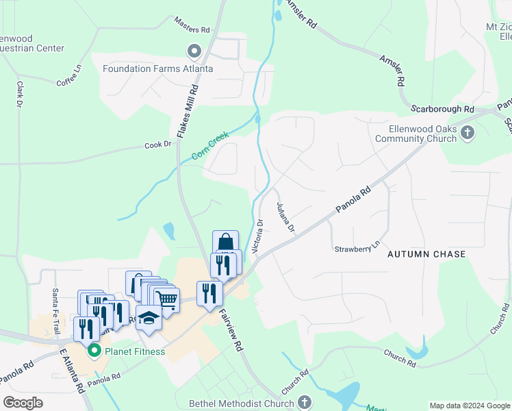 map of restaurants, bars, coffee shops, grocery stores, and more near 95 Victoria Drive in Ellenwood