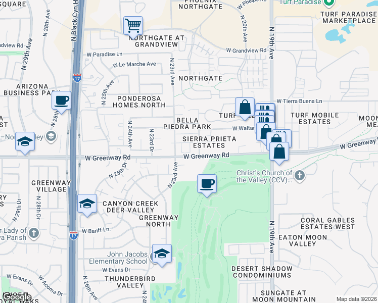 map of restaurants, bars, coffee shops, grocery stores, and more near 15422 North 22nd Drive in Phoenix