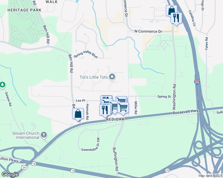map of restaurants, bars, coffee shops, grocery stores, and more near 4685 Towanda Circle in College Park