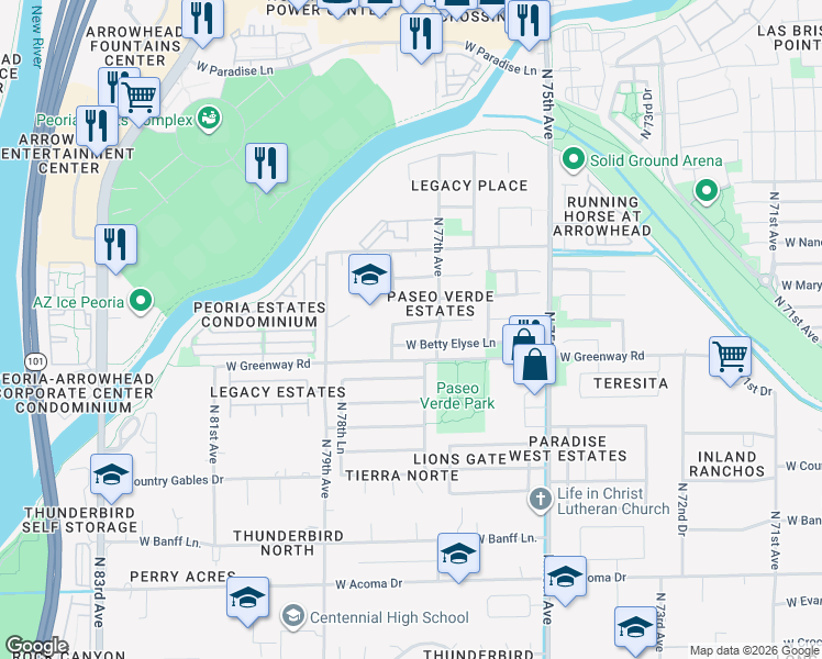 map of restaurants, bars, coffee shops, grocery stores, and more near 7736 West Betty Elyse Lane in Peoria