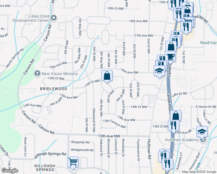 map of restaurants, bars, coffee shops, grocery stores, and more near 433 15th Lane Northwest in Center Point