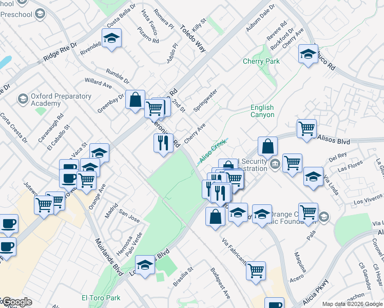 map of restaurants, bars, coffee shops, grocery stores, and more near 25442 Esrose Court in Lake Forest