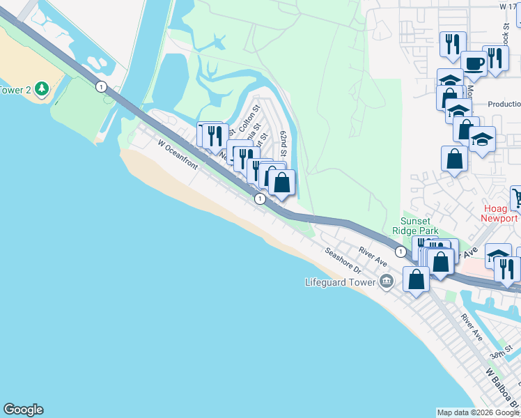 map of restaurants, bars, coffee shops, grocery stores, and more near 6111 Seashore Drive in Newport Beach