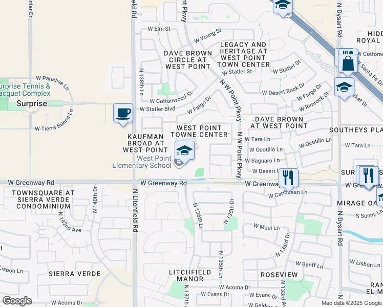 map of restaurants, bars, coffee shops, grocery stores, and more near 13677 West Ocotillo Lane in Surprise