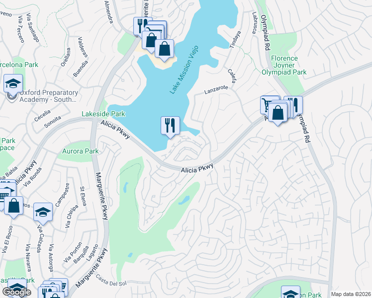 map of restaurants, bars, coffee shops, grocery stores, and more near 27893 Trocadero in Mission Viejo