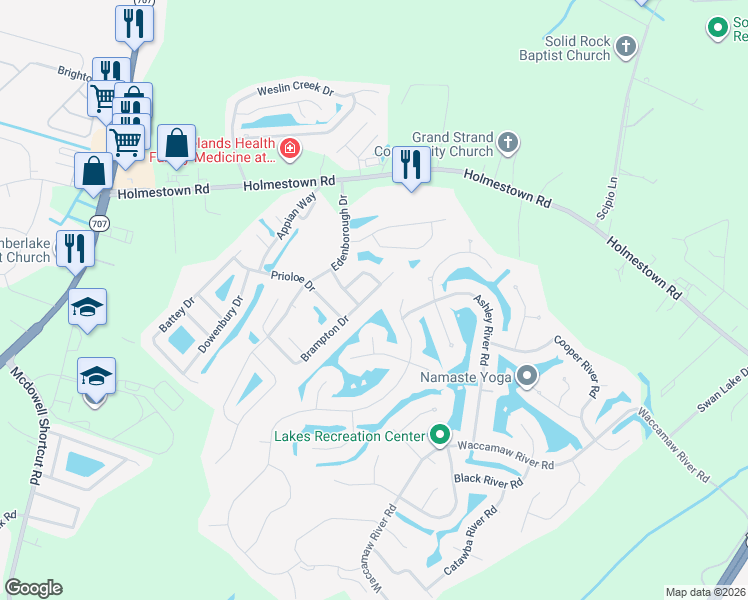 map of restaurants, bars, coffee shops, grocery stores, and more near 3608 Brampton Drive in Myrtle Beach