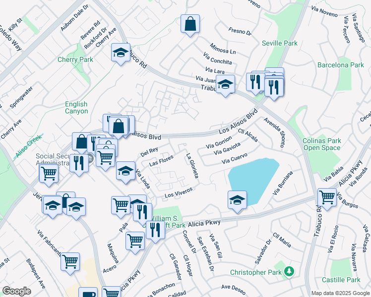 map of restaurants, bars, coffee shops, grocery stores, and more near 23221 La Glorieta in Mission Viejo