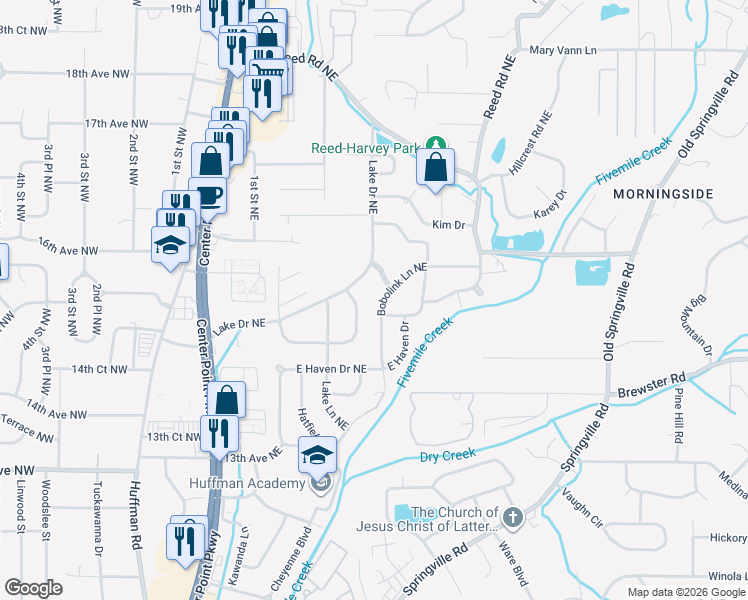 map of restaurants, bars, coffee shops, grocery stores, and more near 300 Argonne Drive Northeast in Center Point