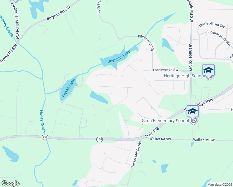 map of restaurants, bars, coffee shops, grocery stores, and more near 3409 Kinsley Court in Conyers