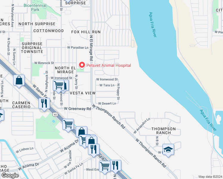 map of restaurants, bars, coffee shops, grocery stores, and more near 12124 West Ocotillo Lane in El Mirage