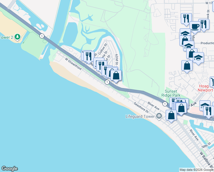 map of restaurants, bars, coffee shops, grocery stores, and more near 6111 Seashore Drive in Newport Beach