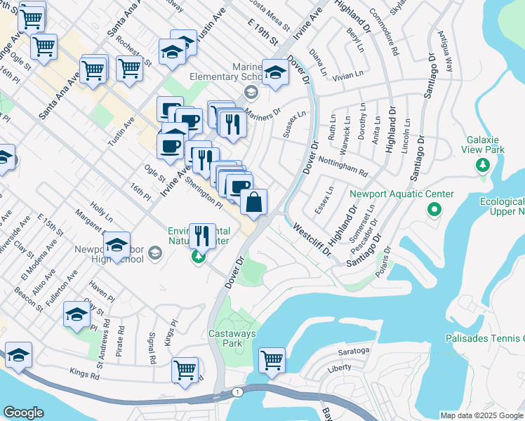 map of restaurants, bars, coffee shops, grocery stores, and more near 1506 Westcliff Drive in Newport Beach