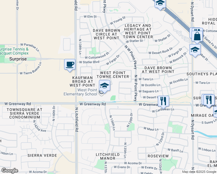 map of restaurants, bars, coffee shops, grocery stores, and more near 13677 West Ocotillo Lane in Surprise