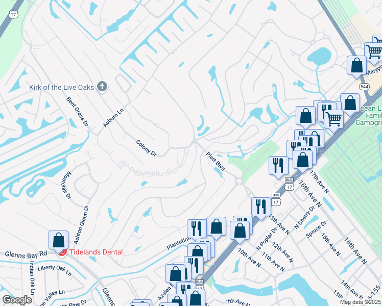 map of restaurants, bars, coffee shops, grocery stores, and more near 203 Plantation Drive in Myrtle Beach