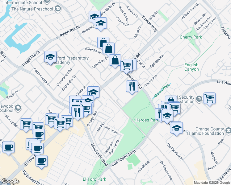 map of restaurants, bars, coffee shops, grocery stores, and more near 25101 Front Street in Lake Forest