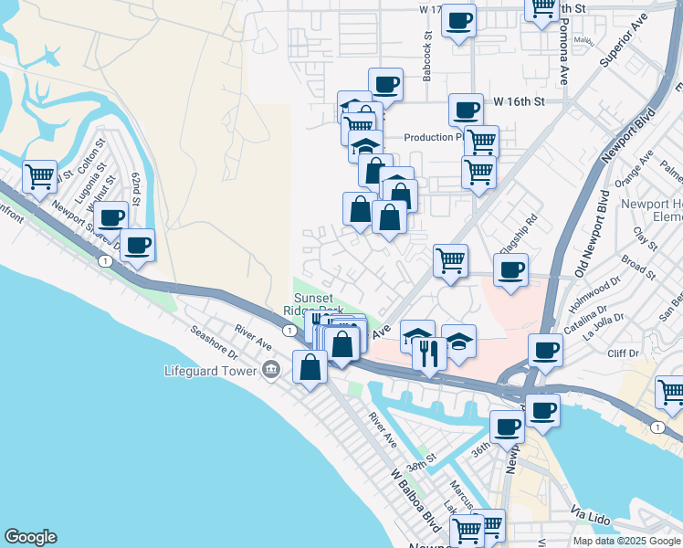 map of restaurants, bars, coffee shops, grocery stores, and more near 23 Escapade Court in Newport Beach