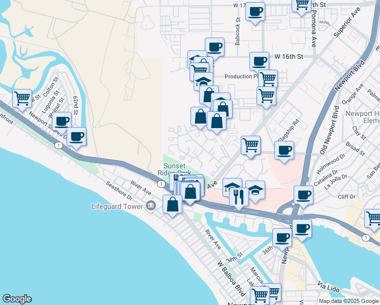 map of restaurants, bars, coffee shops, grocery stores, and more near 12 Aries Court in Newport Beach