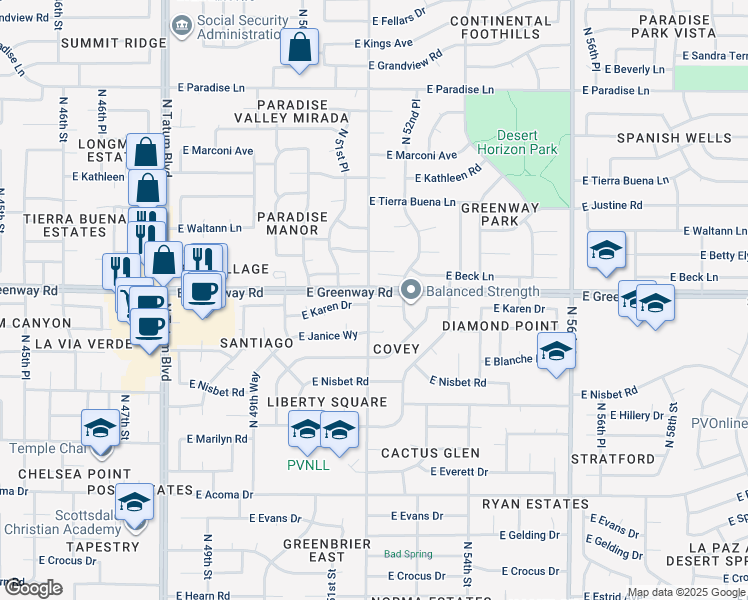 map of restaurants, bars, coffee shops, grocery stores, and more near 5201 East Karen Drive in Scottsdale