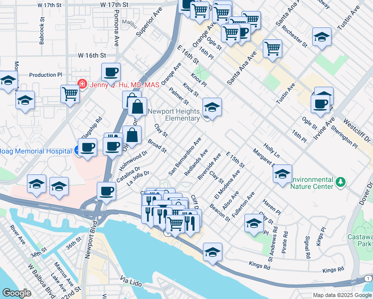 map of restaurants, bars, coffee shops, grocery stores, and more near 501 San Bernardino Avenue in Newport Beach