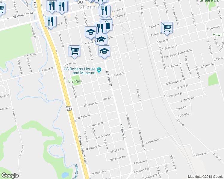 map of restaurants, bars, coffee shops, grocery stores, and more near 100 Mockingbird Lane in Sherman