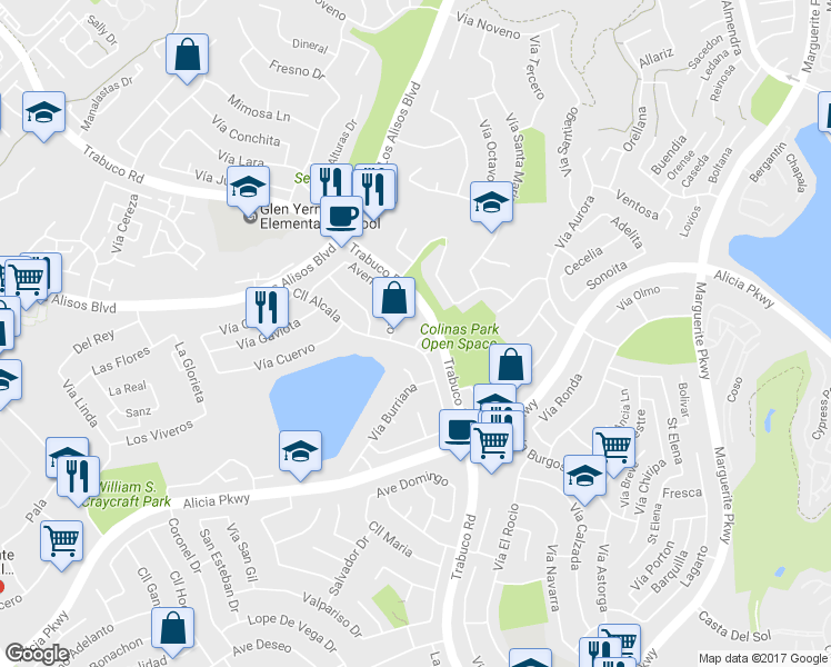 map of restaurants, bars, coffee shops, grocery stores, and more near 23211 Vía Reina in Mission Viejo