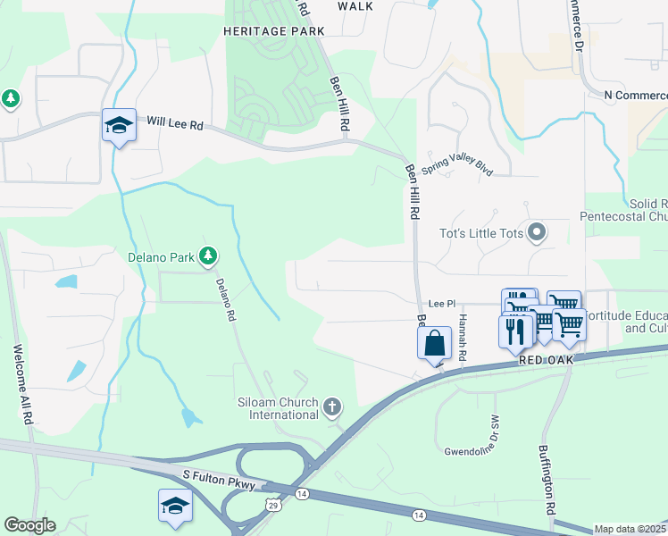 map of restaurants, bars, coffee shops, grocery stores, and more near 3720 Thurman Drive in College Park