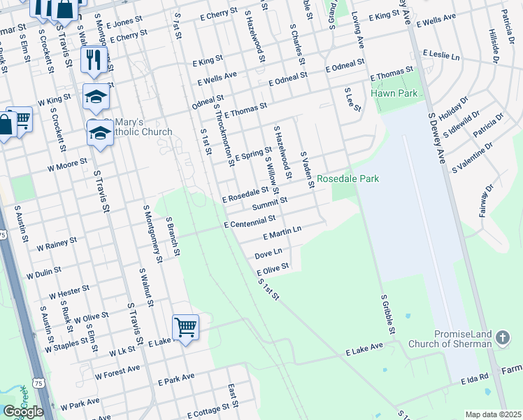 map of restaurants, bars, coffee shops, grocery stores, and more near 709 East Centennial Street in Sherman