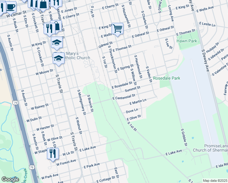 map of restaurants, bars, coffee shops, grocery stores, and more near 601 Summit Street in Sherman