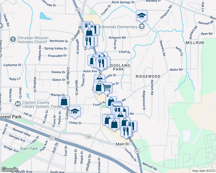 map of restaurants, bars, coffee shops, grocery stores, and more near 1083 Grace Drive in Forest Park