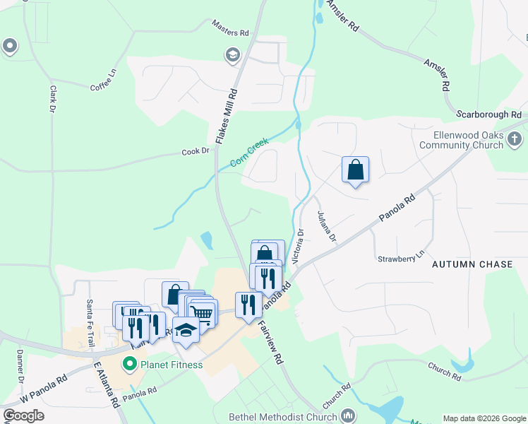 map of restaurants, bars, coffee shops, grocery stores, and more near 5478 Flakes Mill Road in Ellenwood