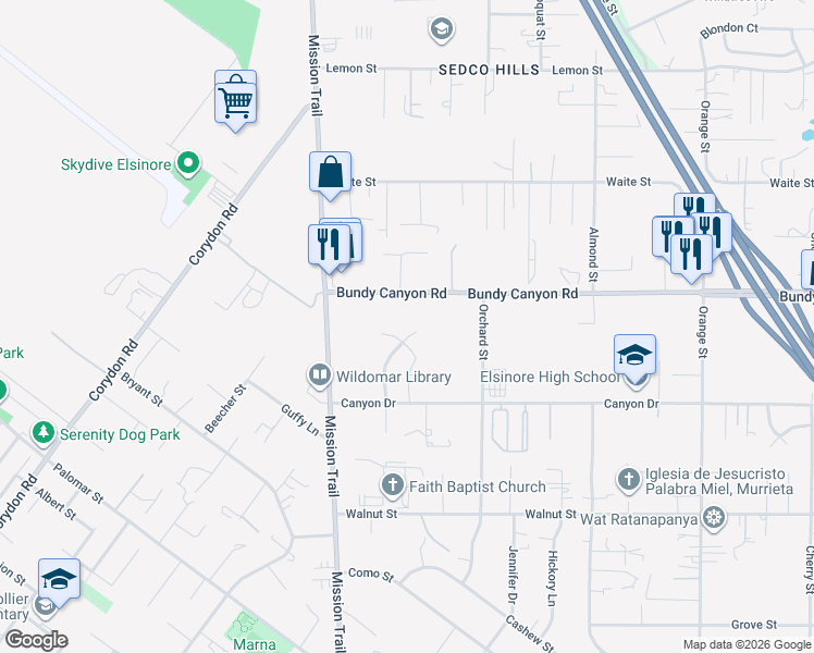 map of restaurants, bars, coffee shops, grocery stores, and more near 34098 Dorof Court in Wildomar
