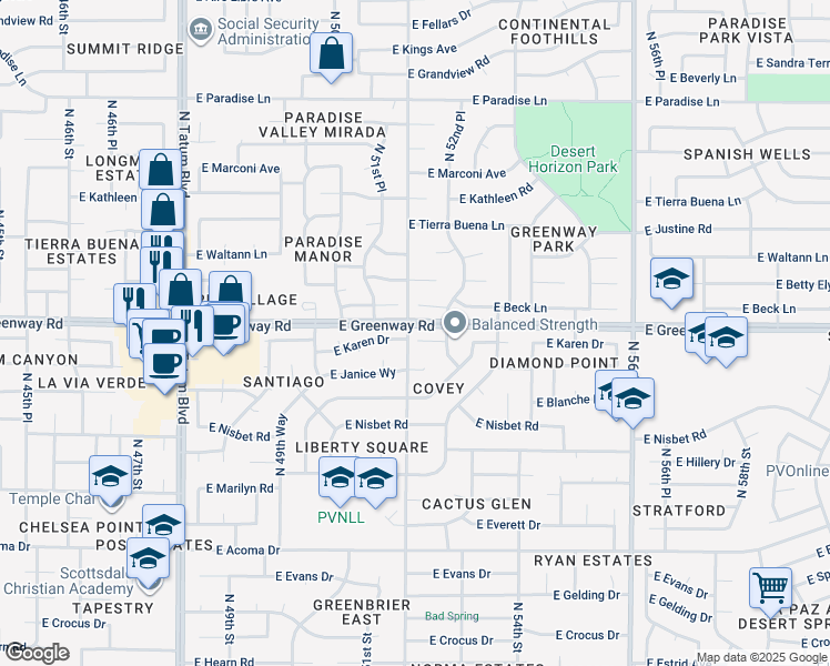 map of restaurants, bars, coffee shops, grocery stores, and more near 5201 East Karen Drive in Scottsdale