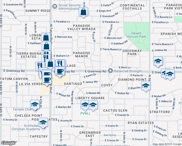 map of restaurants, bars, coffee shops, grocery stores, and more near 5133 East Karen Drive in Scottsdale
