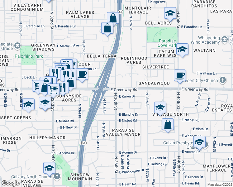 map of restaurants, bars, coffee shops, grocery stores, and more near 15244 North 36th Street in Phoenix